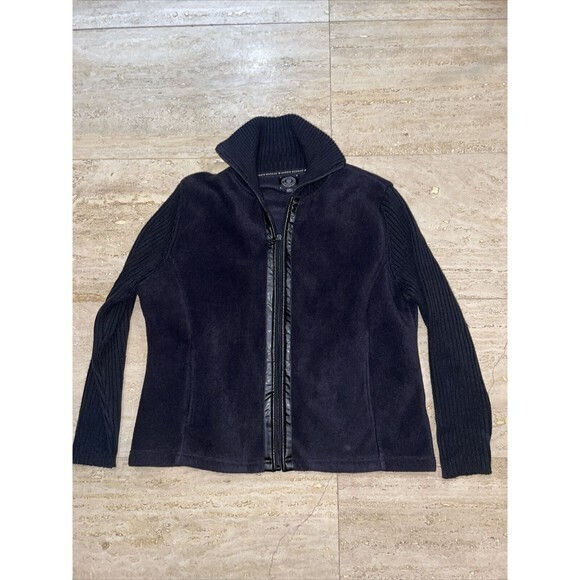 DEBBIE MORGAN by DESIGN L black fleece jacket Knitted collar sleeve Leather Trim - Picture 1 of 5